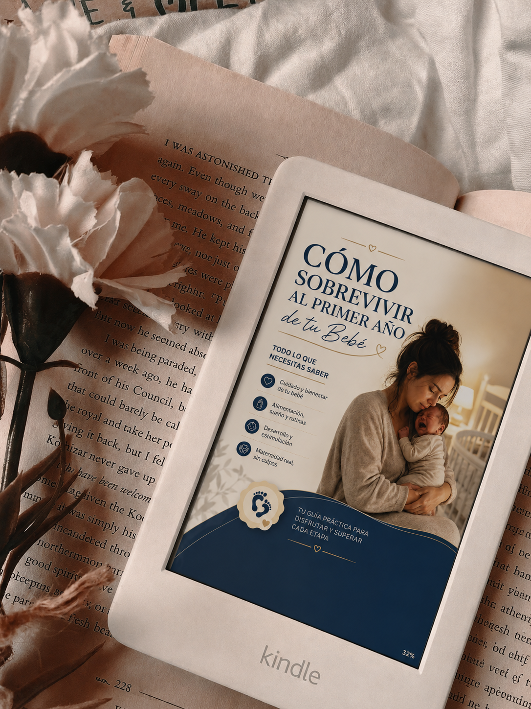 Tapa del ebook sobre un libro y flores