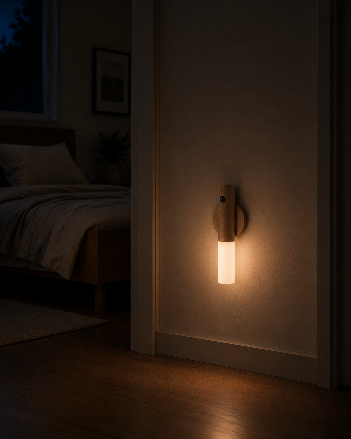 Luz Serena encendida en la habitación a oscuras